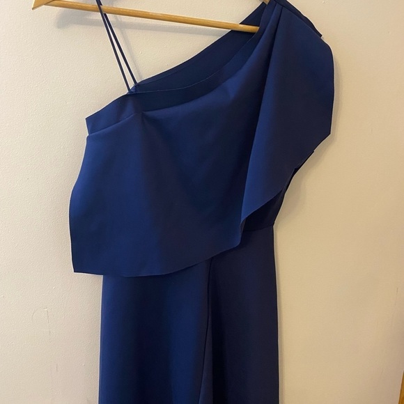 Topshop Ruffle One Shoulder Asymmetrical Hem Blue Scuba Dress - Picture 9 of 16